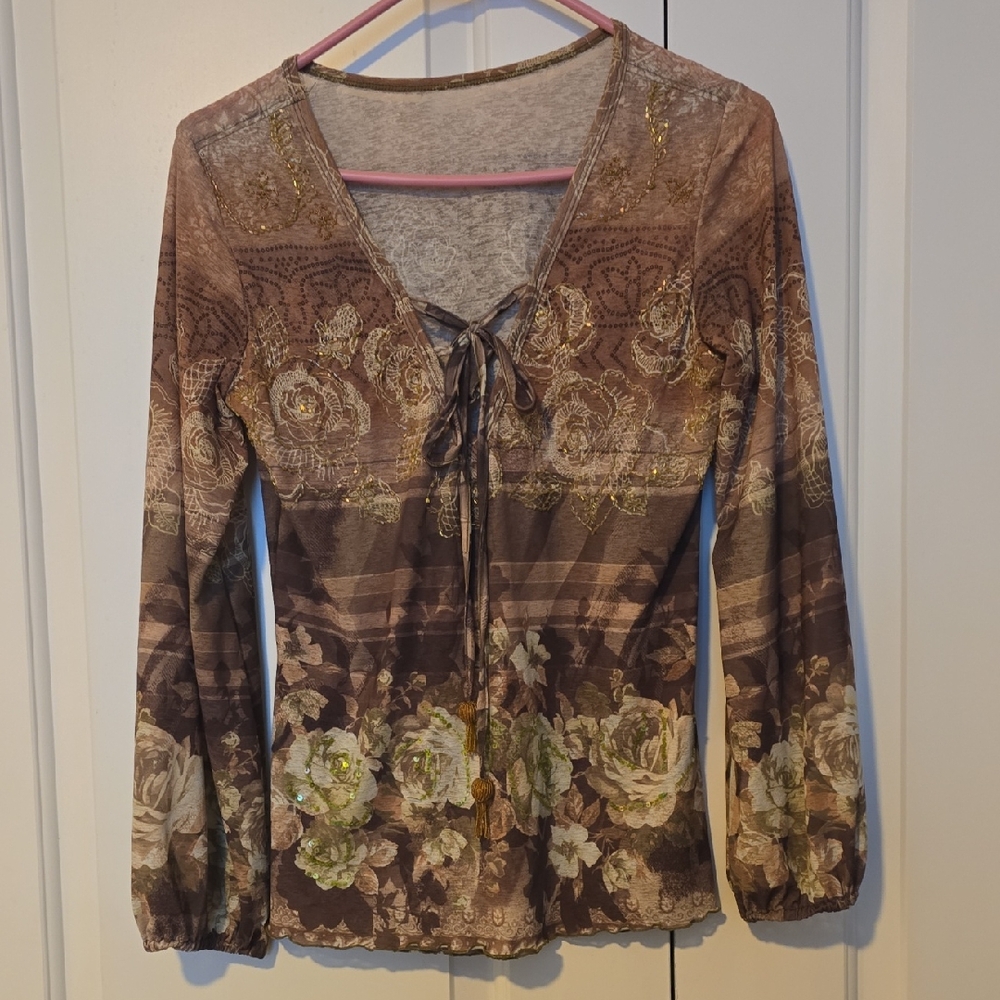 Elegant Floral Lace-Up Women's Blouse